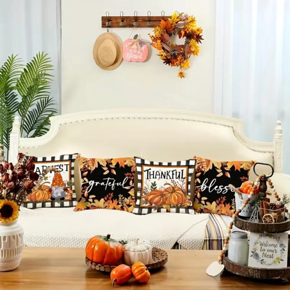 πHP 10/15/23 4Pc Fall-Themed Decorative Pillow Cases 18β x 18β - No Inserts Inc - Picture 1 of 6